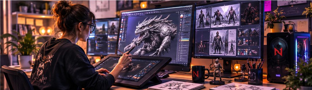 A concept artist sketches a snarling dragon on a pen display, surrounded by monitors showing armour studies and creature turnarounds