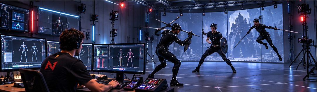 Three performers in marker suits stage a spear-and-shield fight inside the motion capture volume while a technician monitors live skeleton data