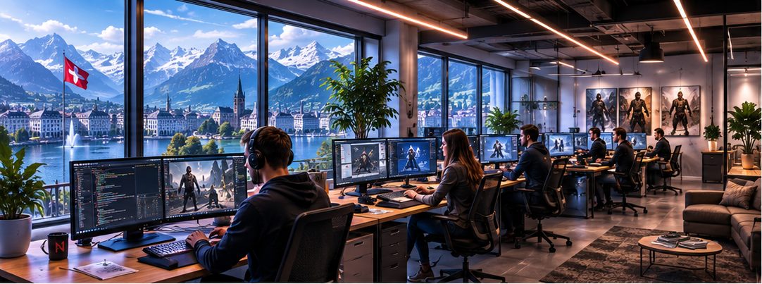 The NovaForge Studios office in Zürich: developers at multi-monitor workstations, with the Swiss flag, the old town and snow-covered Alps visible through floor-to-ceiling windows